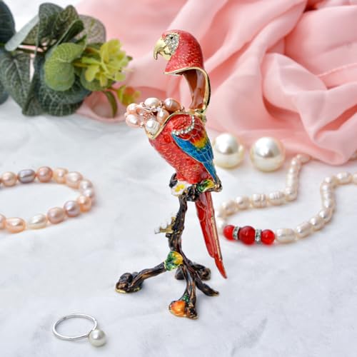 FJ FENGZHIJIE Red Parrot Trinket Box with Crystal, Enamel Bird Figurine, Jewelry Box, Home Decor, Gift for Bird Lovers
