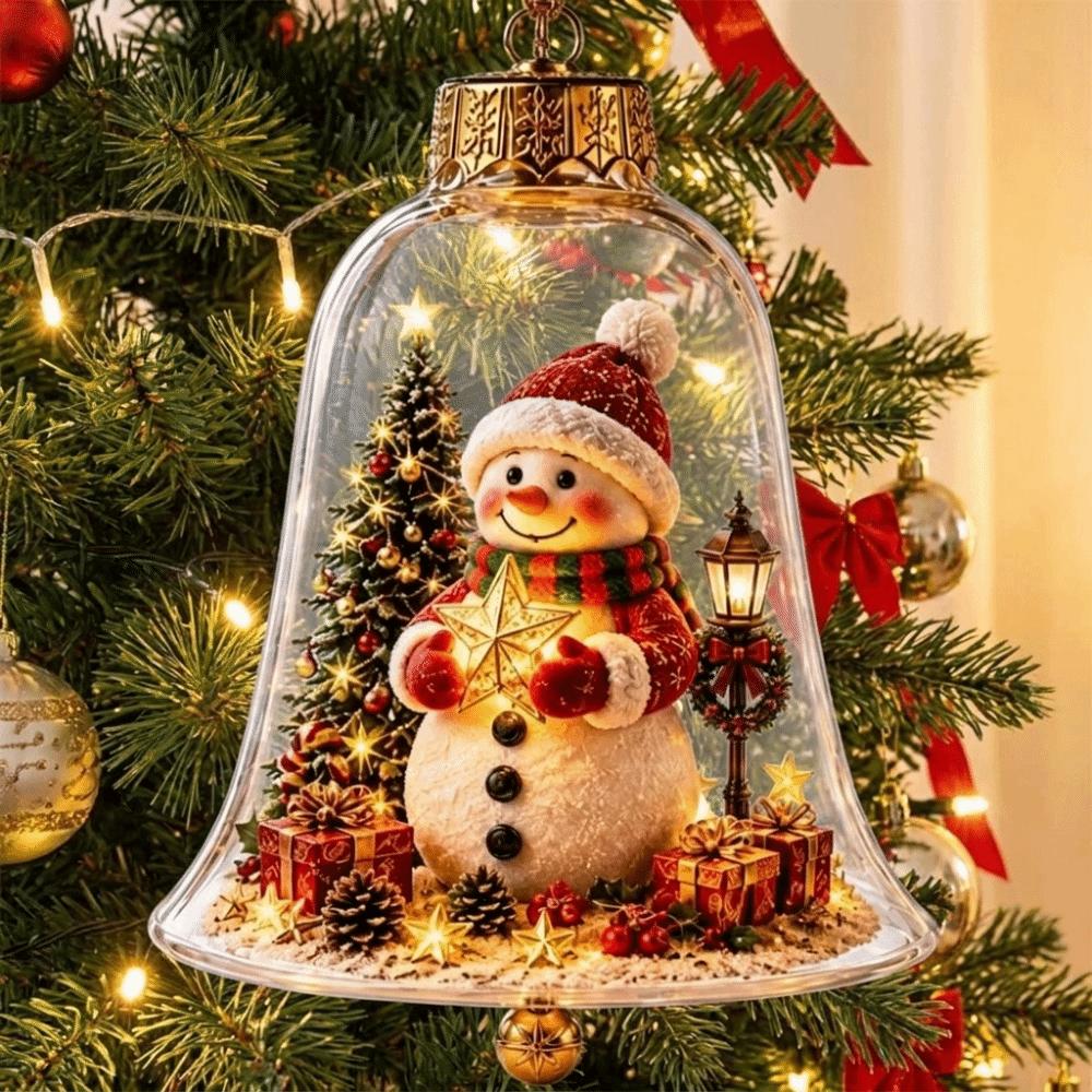 Transparent Lighted Christmas Bell Ornament Acrylic Cartoon Style Clear Christmas Bauble Ornament LED Lighted Plastic