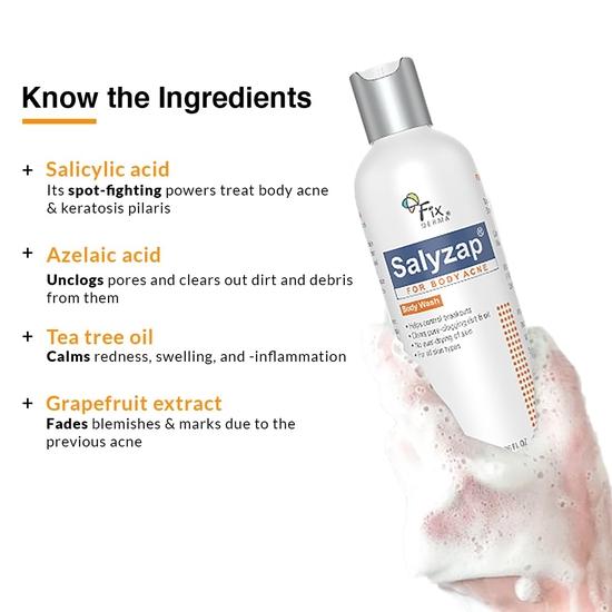 FIXDERMA 2% Salisylsyre Salyzap Kroppsvask For Akne, Ikke-skummende Kroppsvask, Eksfolierende, Akne på Ryggen,, Renser Porene Egnet For Akneutsatt Hud - 200 ml