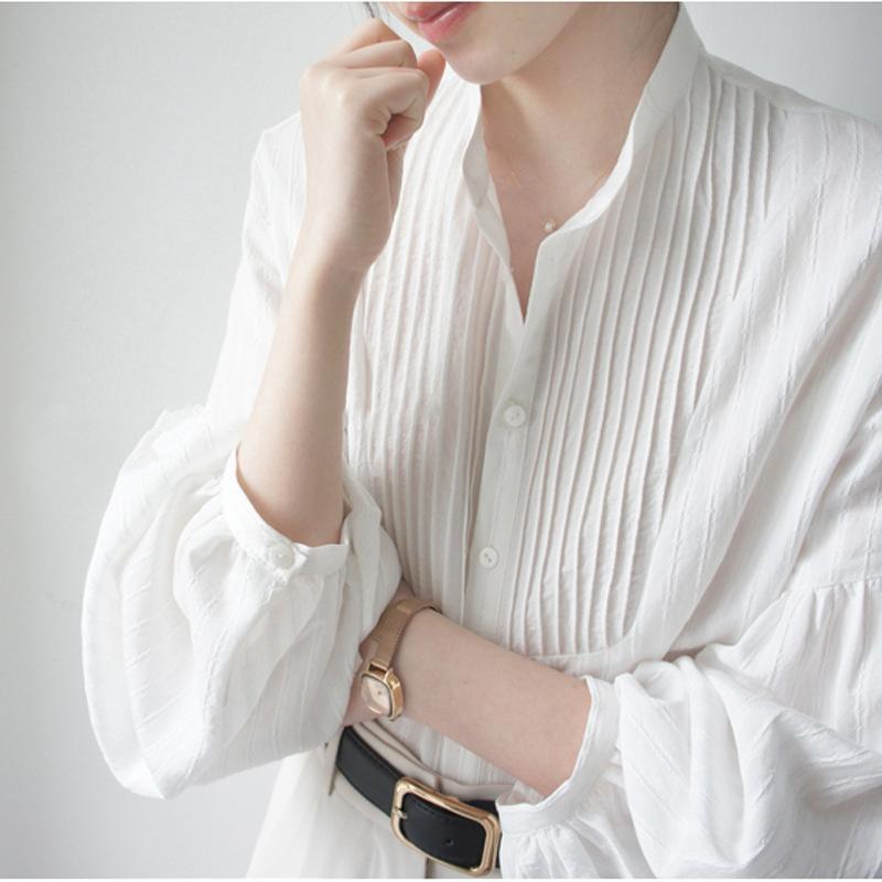 French retro dark vertical stripe pit pleated small stand-up collar loose fashionable literary lantern sleeve cotton shirt