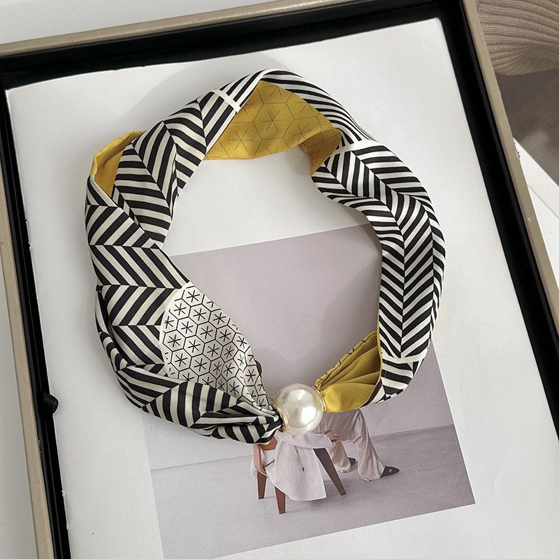 Silk scarf long strip high-end spring and summer new versatile pearl necklace neck chain scarf magnetic buckle silk scarf