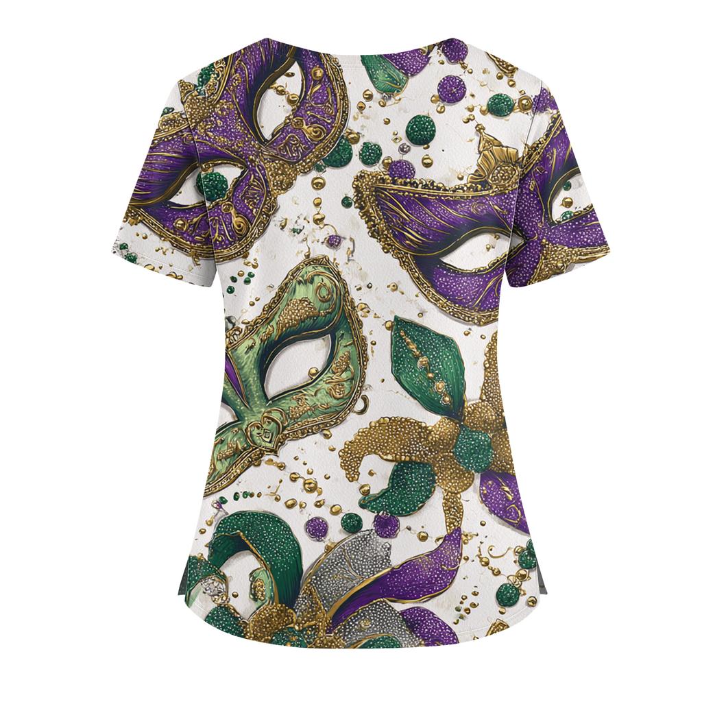 Women's Caregiver  Printed V-Neck Double Pocket Short Sleeves Hem Slit  Uniform Caregiver Top