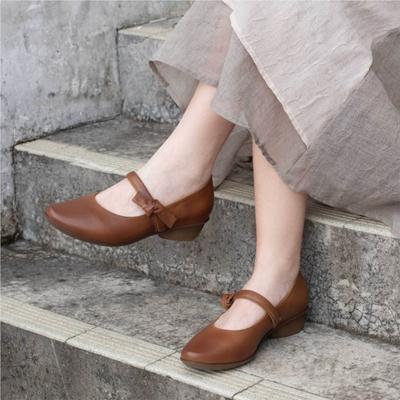 Echtleder Damenpumps Retro Schafsleder Weichsohle Bequeme Mittelhochschuhe