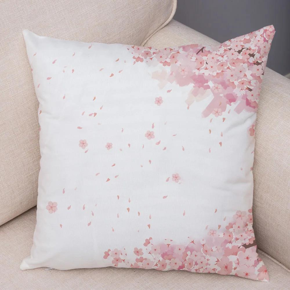 Pink Peach Blossom Cushion Cover Decor Watercolor Cartoon Plant Tree Pillow Case for Sofa Home Car Soft Plush Pillowcase 45x45cm