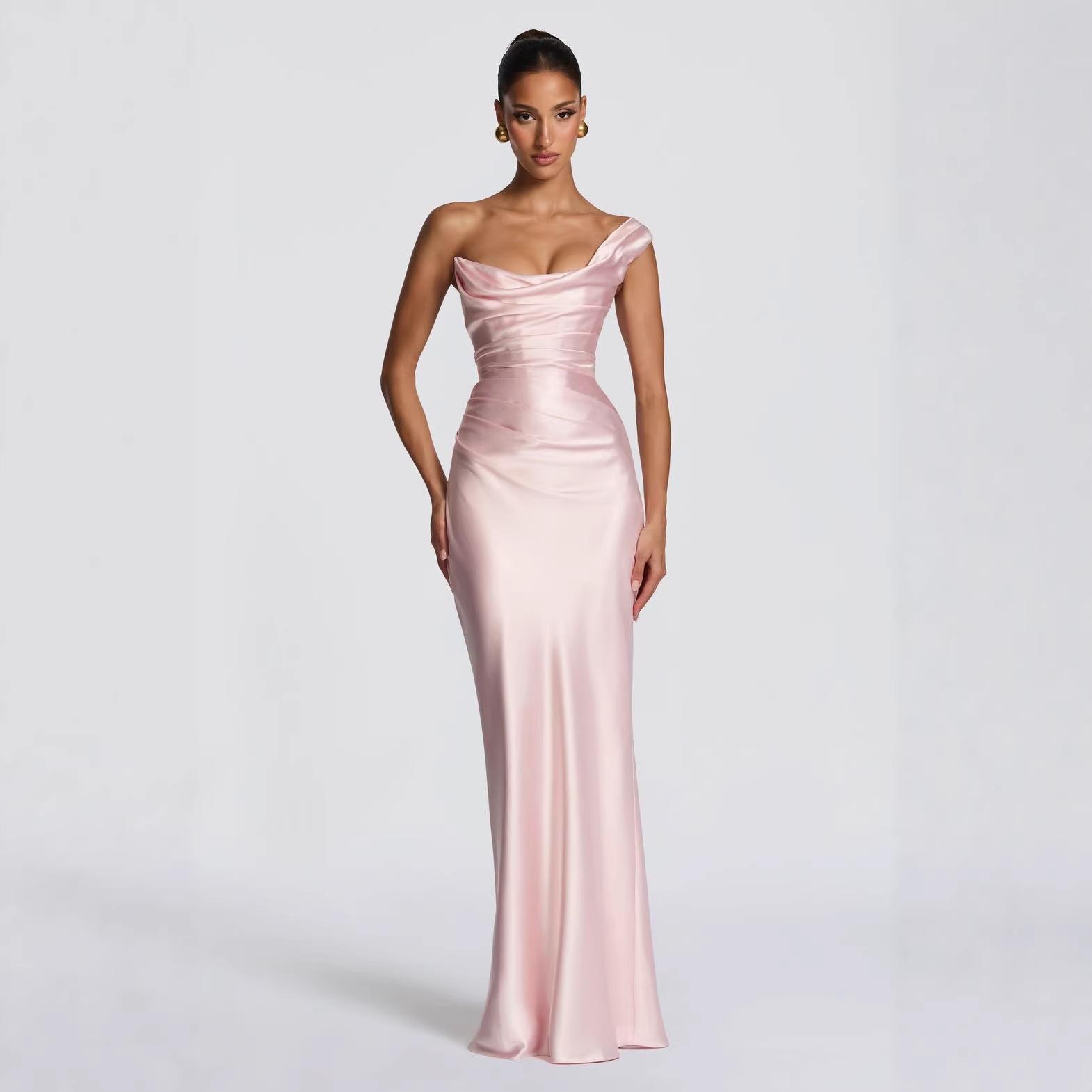 

2026 European & American Sexy One-Shoulder Sleeveless Fishbone Evening Gown Small рожевий
