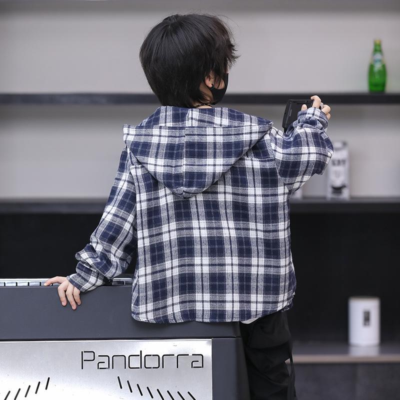 Chłopięca Kurtka w Kratę z Kapturem i Długim Rękawem - Styl Koreański Wiosna/Jesień