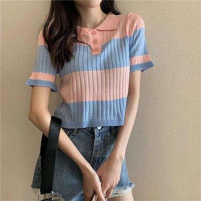 Summer Korean Striped Patchwork Short Sleeved Knitted Sweater for Women Versatile Short Polo Shirt Trendy Top