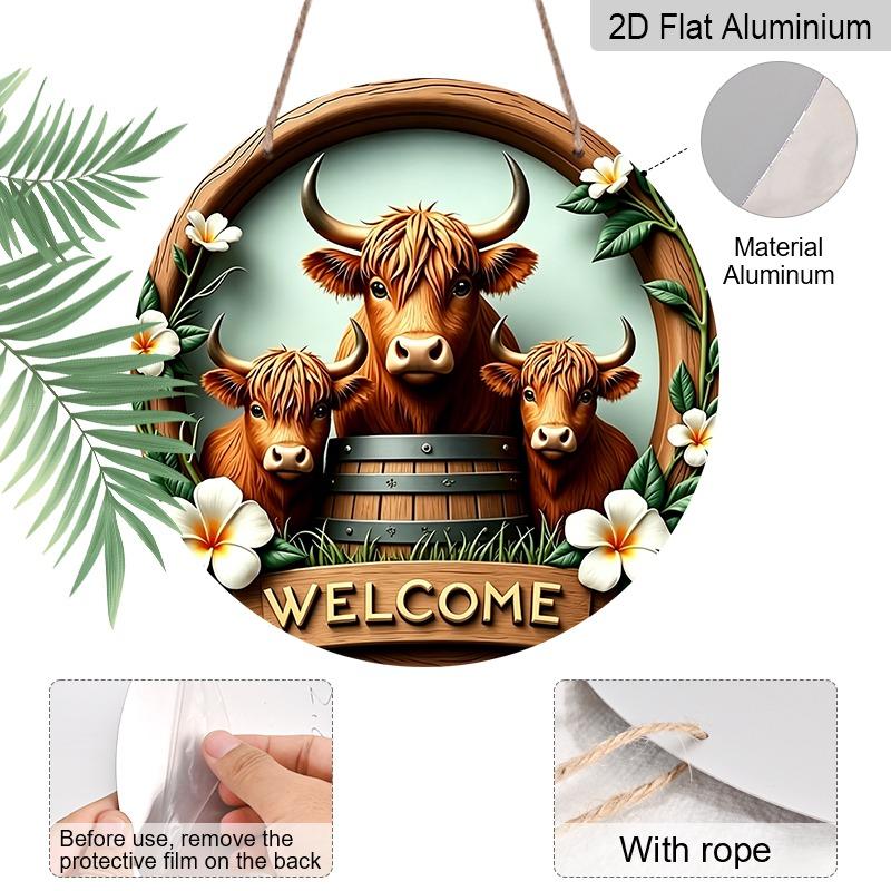 2D Flat Highland Cow Home Welcome Doorplates, Aluminum Decorative Signs and Plaques In Various Sizes. Floral Design Hanging Door Decorations