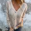 Women's long-sleeved V-neck hollow leaf pattern button knit sweater