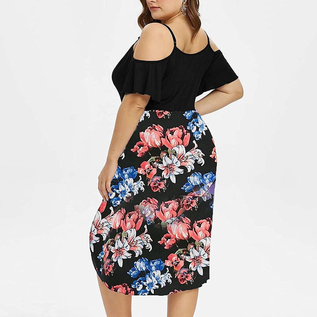 Women's High Waist Belly Concealing V-Neck Strapless Printed Plus Size Dress