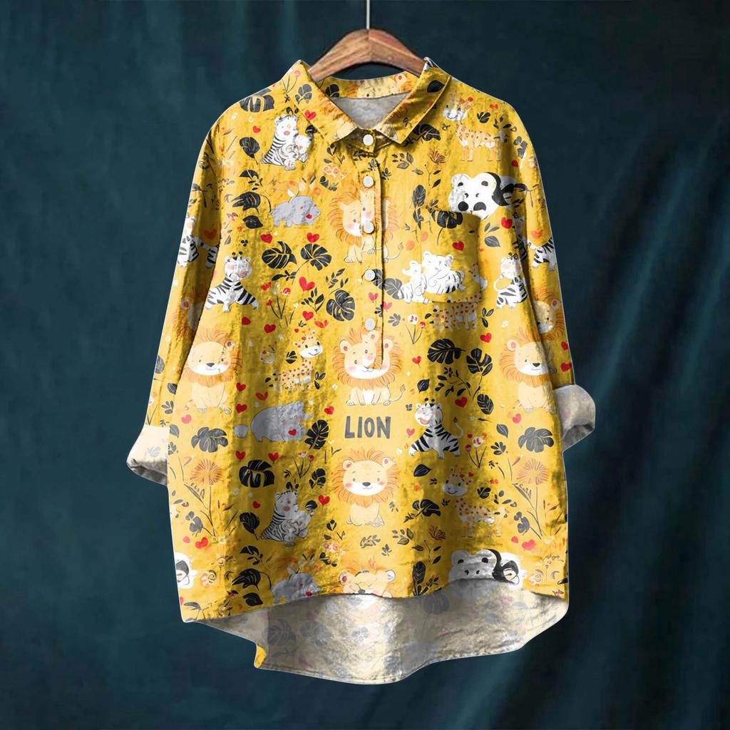 Women's Long Sleeve Shirt Button Vintage Floral Print Casual Hem Irregular Shirt Collar Top