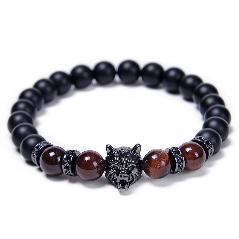 Wolf Charm Bracelets Men Natural Black Agates Onyx Stone Bracelet Brave Blue Tiger Eye Elastic 8 Mm Beads  Beaded Pulsera