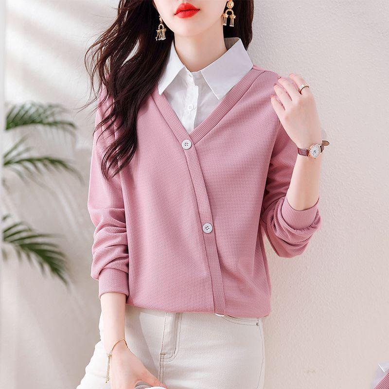 Spring Autumn Style with Collar Splicing Waffle Long Sleeve Fashion Top for Women Pullovers & Long Sleeves