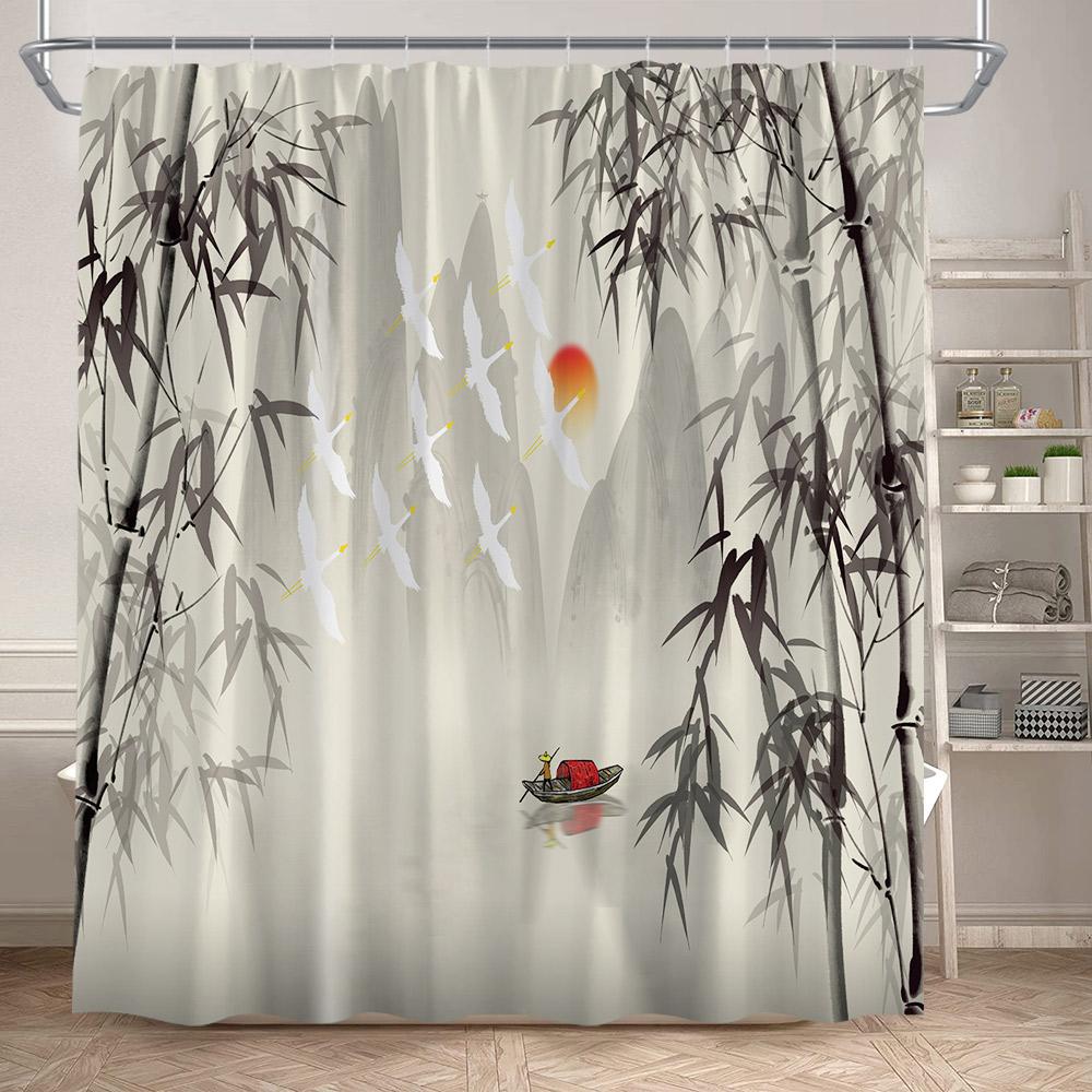 Ink Landscape Shower Curtain Black Bamboo Bird Abstract Mountain Water Chinese Style Bath Curtain Waterproof Home Bathroom Decor