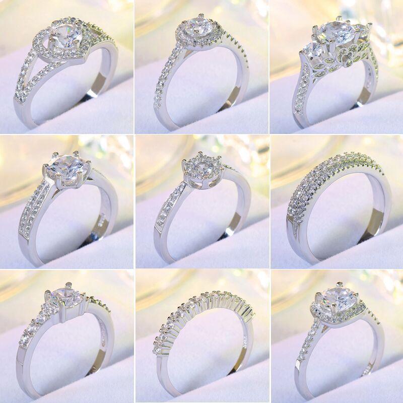 Ring Micro-Inlaid Zircon Silver Ring Women'S Electroplated Platinum Luxury Imitation Diamond Ring