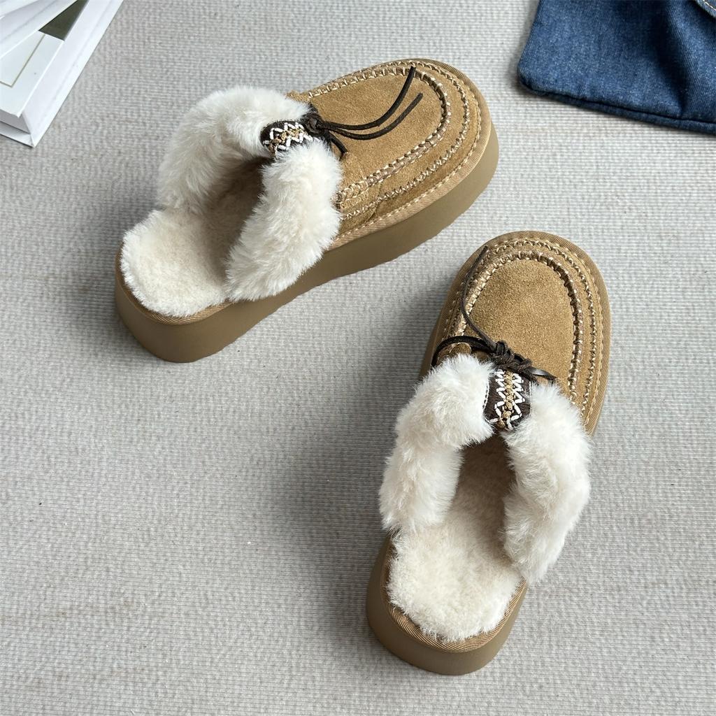 Genuine leather velvet warm thick-soled half-slippers women's outer wear 2025 winter new Baotu one-pedal fluffy snow boots