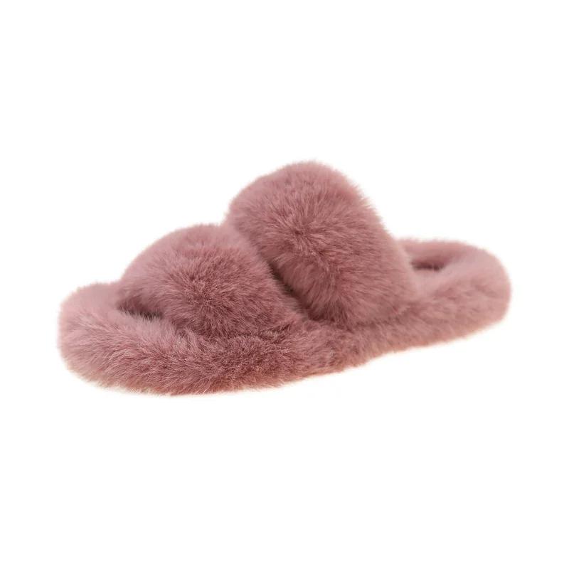 Women Fur Warm Winter Furry Fur Shoes Fluffy Plush Slippers Home House Indoor Shoes Bedroom Slippers Female Ladies Round Toe