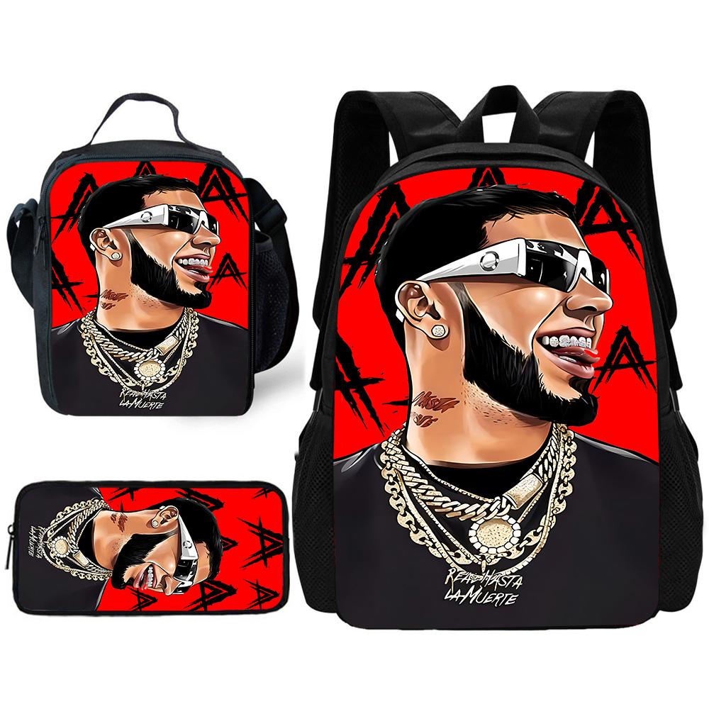 Fashion Hot Rapper Anuel AA Child School Backpack with Lunch Bags ,Pencil Bags ,School Bags for Boys Girls Best Gift