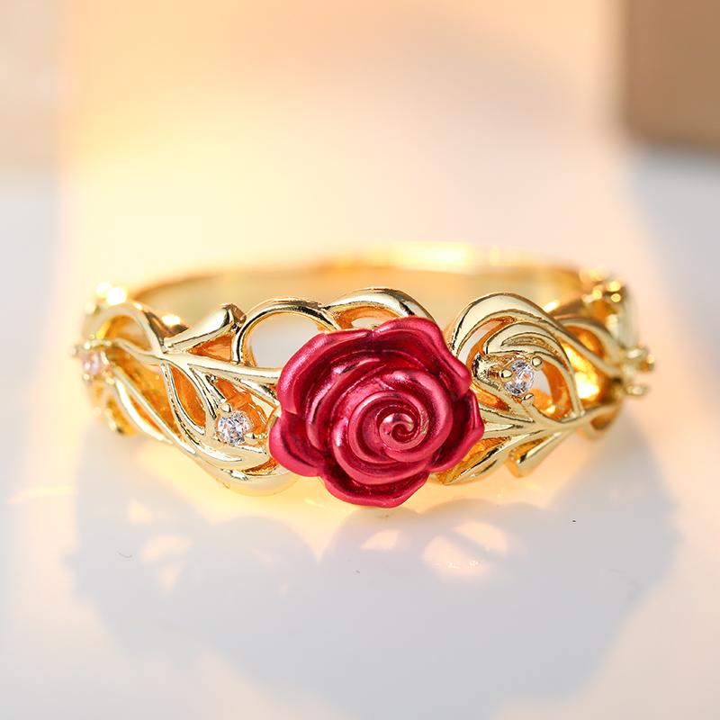 Vintage Inlaid White CZ Women's Ring Dazzling Gold Color Hand Carving Rose Flower Daily Wear Party Jewelry Anniversary Gift