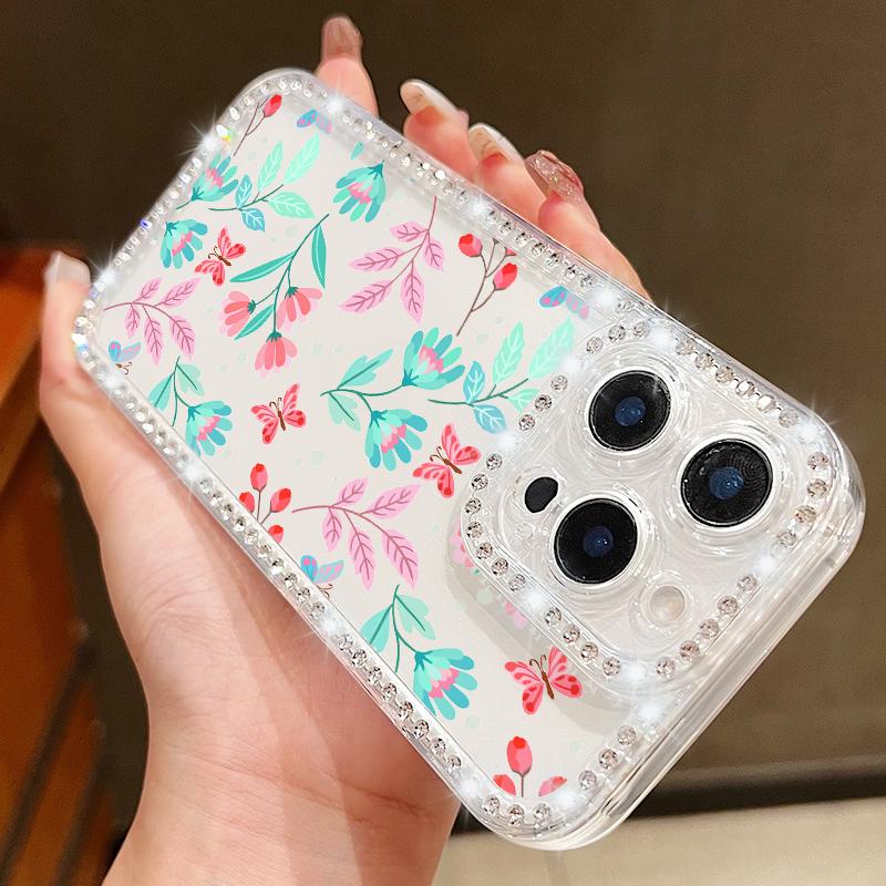 Crystal Diamond Clear Case For iPhone 16 14 15 Pro Plus 13 12 Pro Max 11 16e Flowers Floral Patterned Soft TPU Phone Cover Coque