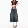 Trendy Summer Vintage Wide Leg Straight Cropped Capri Denim Pants For Women Versatile Loose Straight Slimming Casual Bottoms
