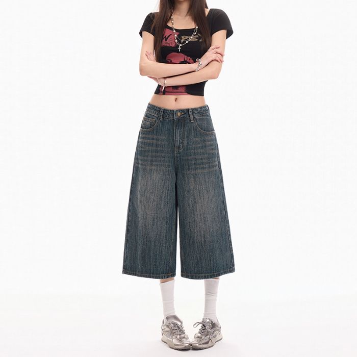 Trendy Summer Vintage Wide Leg Straight Cropped Capri Denim Pants For Women Versatile Loose Straight Slimming Casual Bottoms