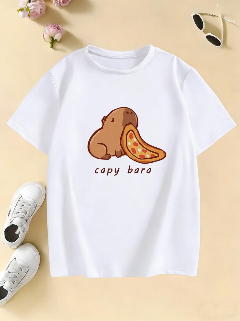 Cartoon Capybara Eating Food Print Trendy T Shirts Manga Kids Childrens Tshirt Boys Girls Summer Spring Casual Top Tee Shirt