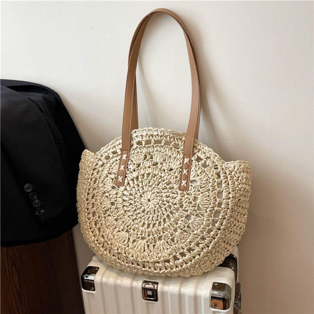 Round Straw Tote Bag Handmade Woven Shoulder Bag Trendy Straw Weave Bag  Travel