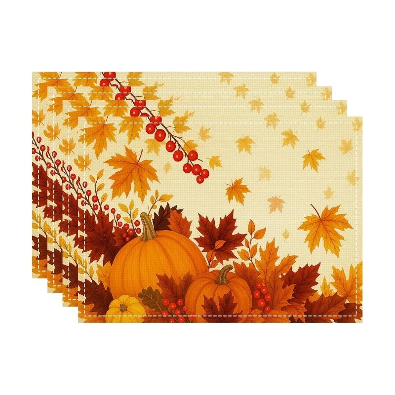 4/6/8pcs Thanksgiving Pumpkin Leaf Turkey Autumn Linen Placemat Square Table Mats for Autumn Party Festival Kitchen Decoration