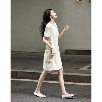 Demana Summer Elegant Handmade Bow Short Sleeve Shift Midi Dress