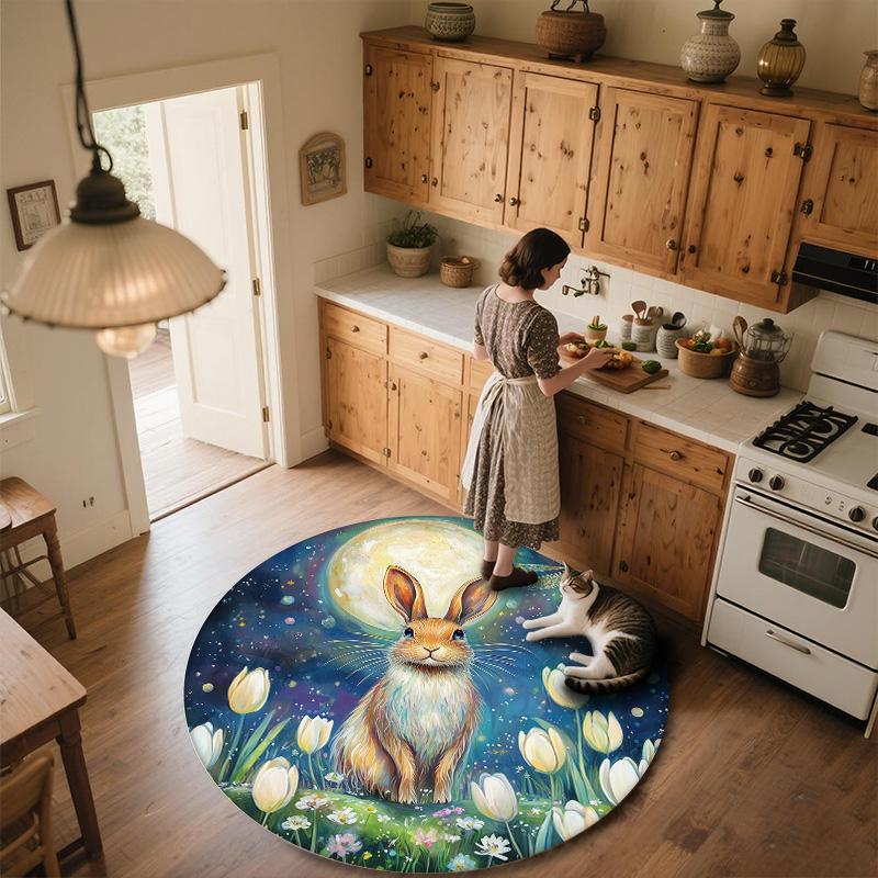 Flower Rabbit,Round Area Rug,Carpet Rug for Living Room Bedroom Sofa Playroom Decor,Non-slip Floor Mat