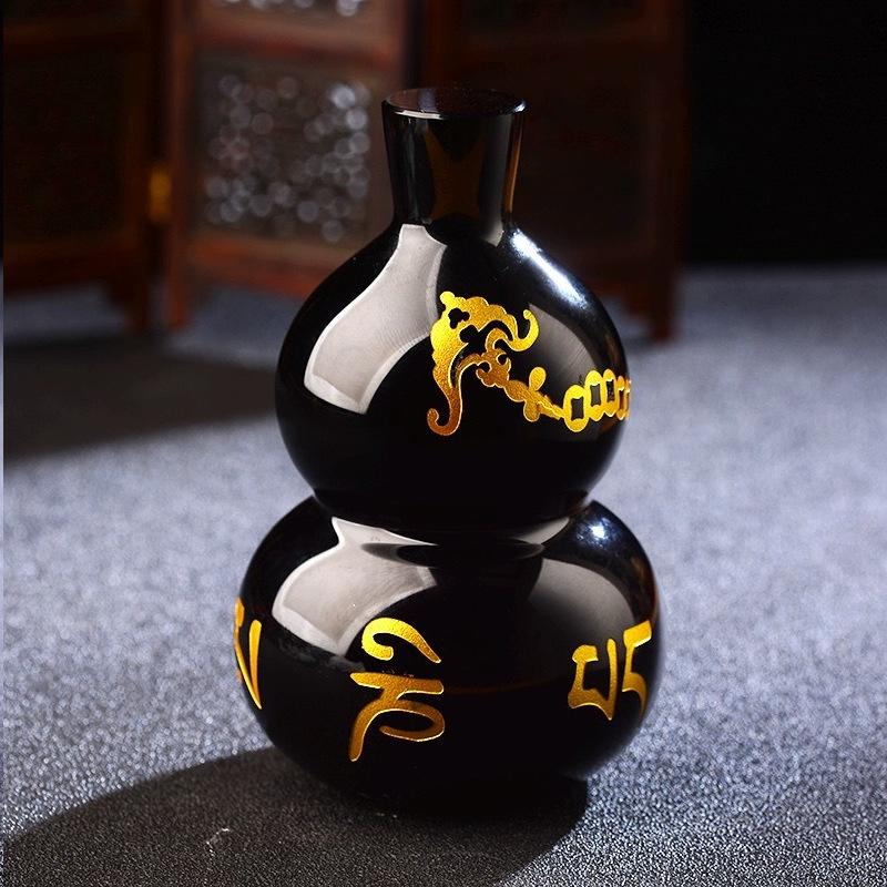 Obsidian Tai Chi Bagua Fu Lu Shou Gourd: Feng Shui Ornament with Six-Character Mantra and Five Blessings Design