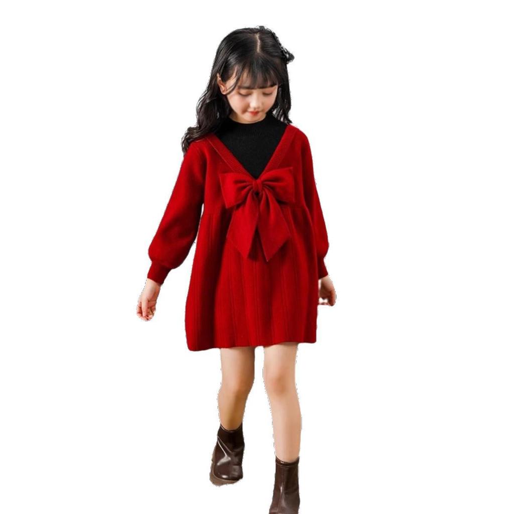 Girls' Red Faux Two-Piece Knitted Dress, 2025 Style, Autumn/Winter Fashion for Big Girls