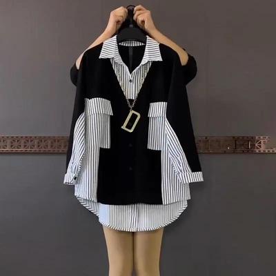 Camicia alla moda coreana patchwork a righe da donna casual versatile ampia monopetto a maniche lunghe camicetta abbigliamento da donna