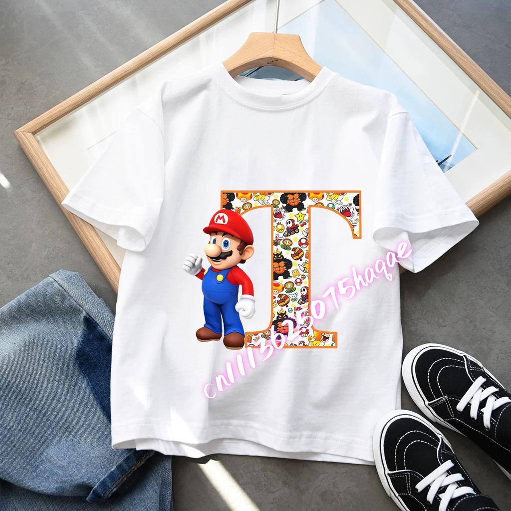 2026 Super Mario Boys and Girls Cartoon letter AZ Printed Birthday Clothing Childrens Fashion Short Sleeve Role Playing Top