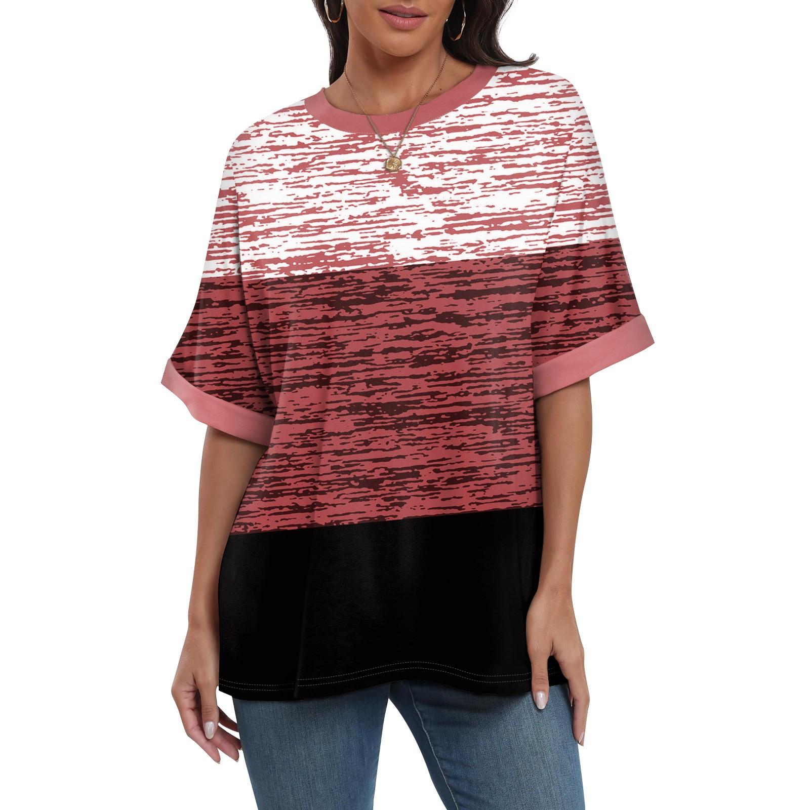 

Women s Loose Oversize Print Round Neck, Shoulder Length Short Sleeved T-shirt Top XL винний
