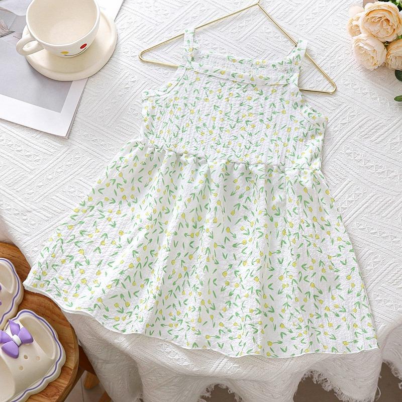 

Летнее платье для девочек 2025 года, новое детское платье с цветочным принтом для маленьких и средних детей, жилет без рукавов для маленьких девочек, юбка, тонкая юбка 80