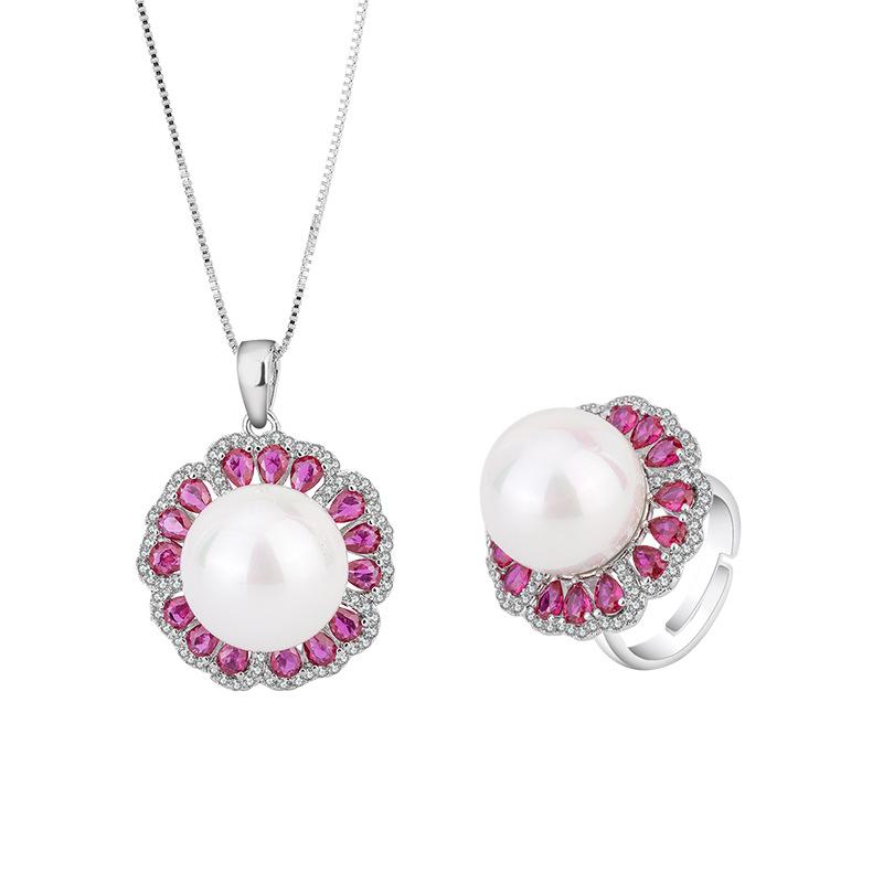 Jewelry Inlaid With White Beads, Light Stamens, Women'S Ring, Pendant Set, Beads 16Mm.