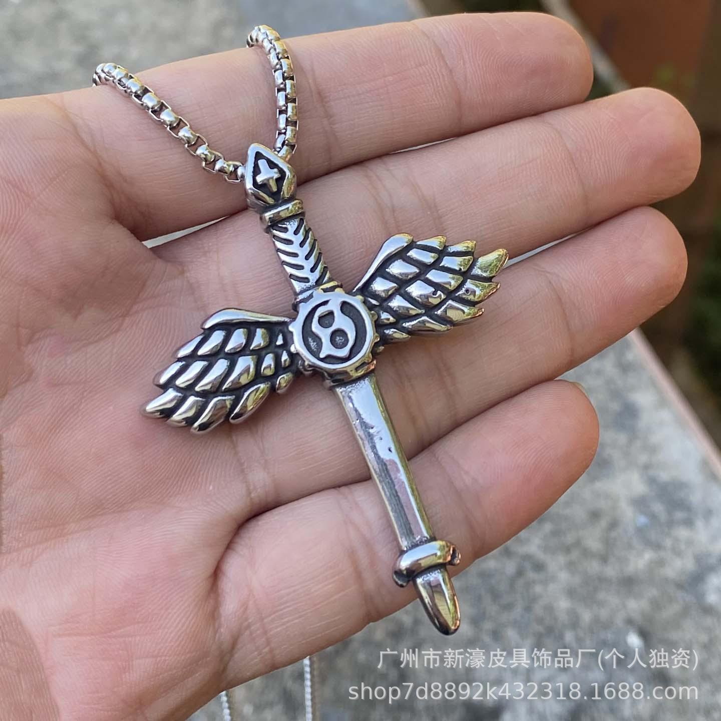 

Titanium Steel Pendant Vintage Angel Sword Wings Sword Wings Weapon Letter Necklace