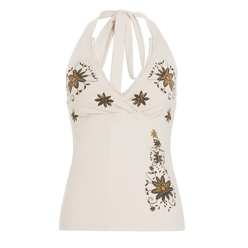 Cross-border Sweet & Spicy Retro V-neck Halter Tank Top - Women s Holiday Sexy Sleeveless Fit Small