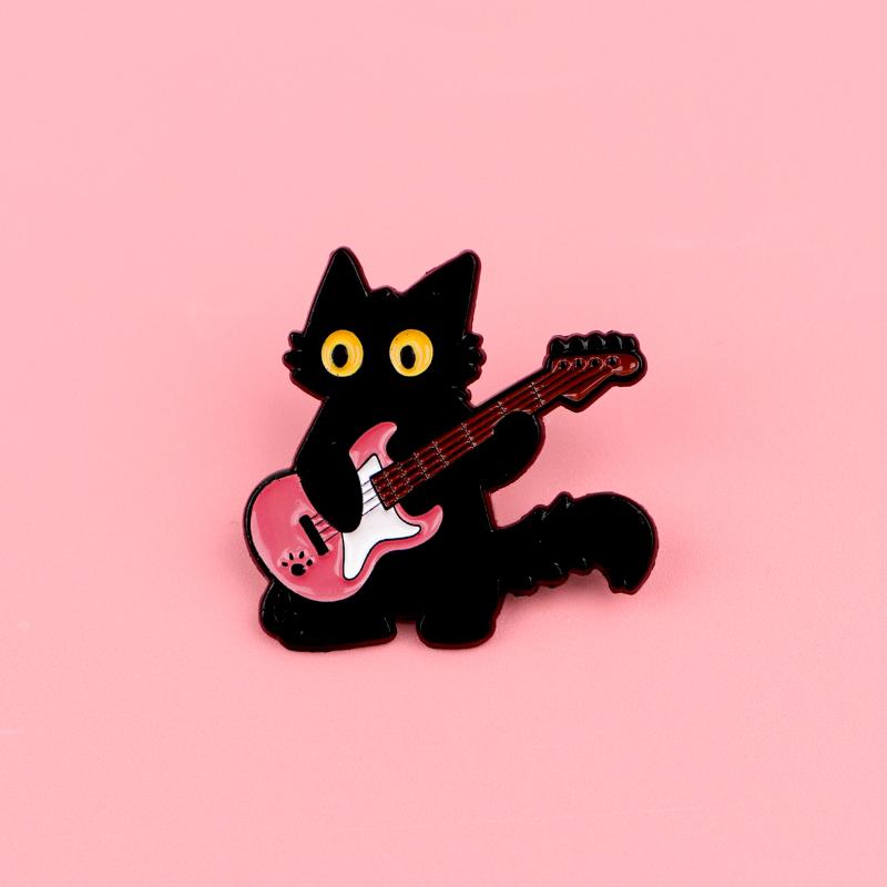 Kawaii Black Cat Enamel Pin Rock Guitar Music Brooches On Clothes Badge Bag Gothic Lapel Woman Men Jewelry Gifts For Friends