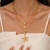Gold Color Metal Texture Shell-shape Stud Earrings Women 18K Gold Plated Starfish Pendant Layered Chain Necklace Beach Jewelry