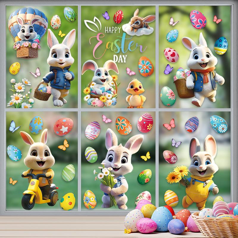 Easter Cartoon Motorcycle Rabbit & Eggs Wall Stickers for Shop Windows - Festival Decoration Glass Electrostatic Stickers