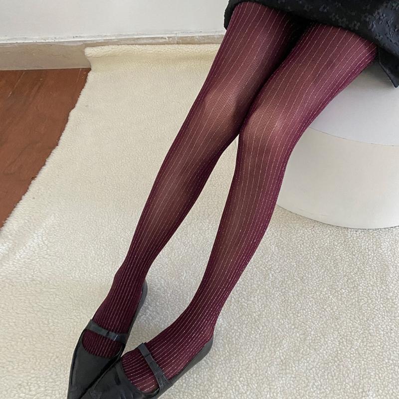 Women Thin Colored Stockings Shimmering Striped Sexy Semi Sheer Pantyhose Tights