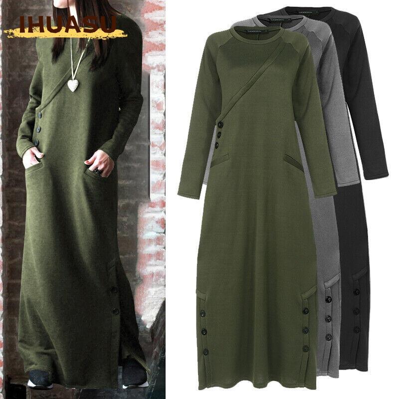 IHUASU Fashion Autumn Winter Long Sleeve O-Neck Solid Color Print Casual Dresses