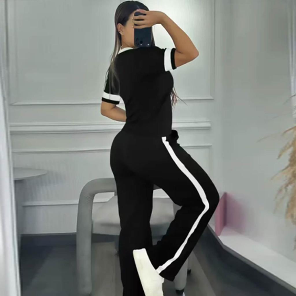 Women's 2-Piece Fashion Casual Short-Sleeve Top And Pants Set With Side Stripes And Color-Blocking