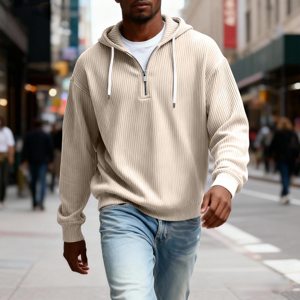Sudadera con capucha de manga larga con cremallera para hombre, color sólido casual, camiseta de manga larga casual con cremallera para el día a día