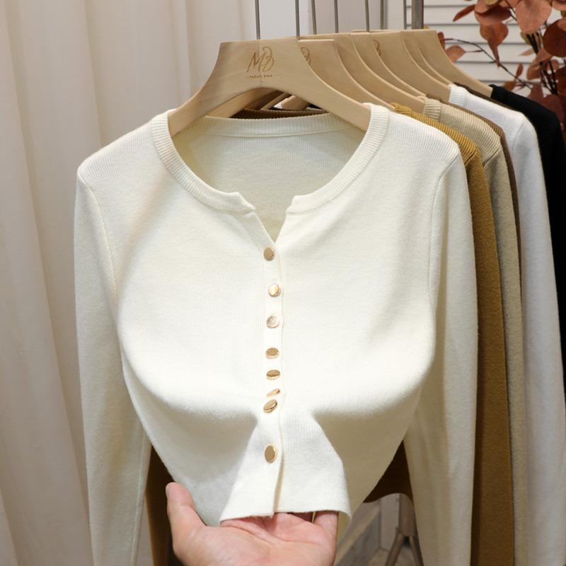 Gentle style solid color metal buckle simple short knitted long-sleeved cardigan v-neck sweater women's autumn and winter top