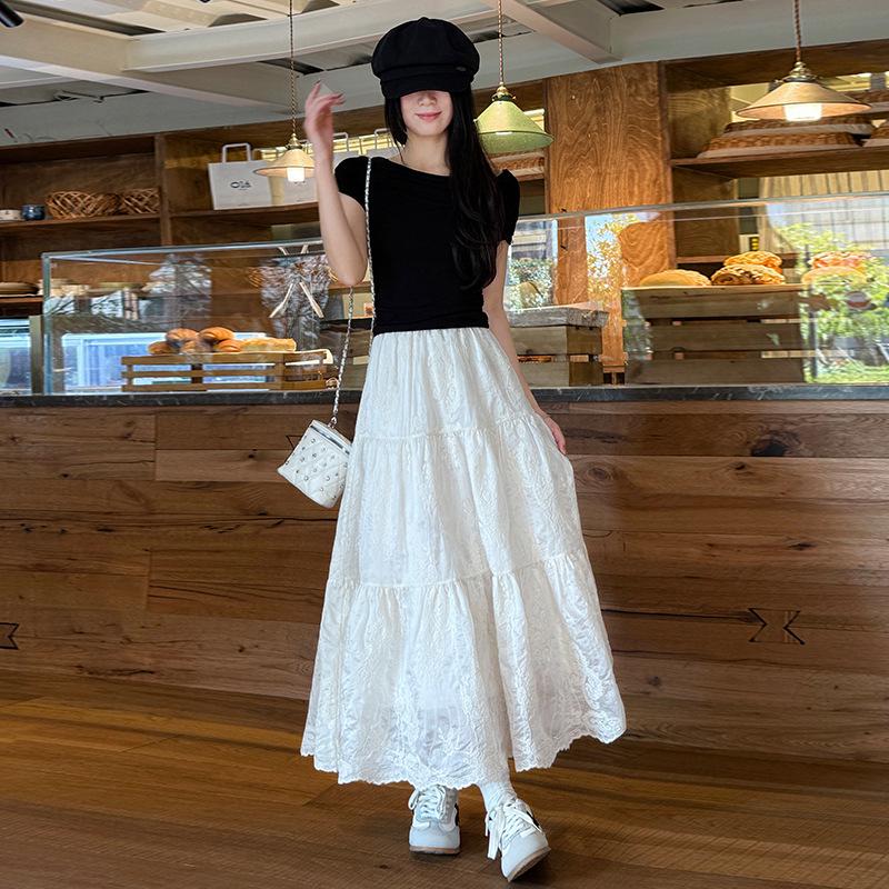 White Lace Fluffy A-Line Skirt for Women - Spring/Summer Long Drape Hem S