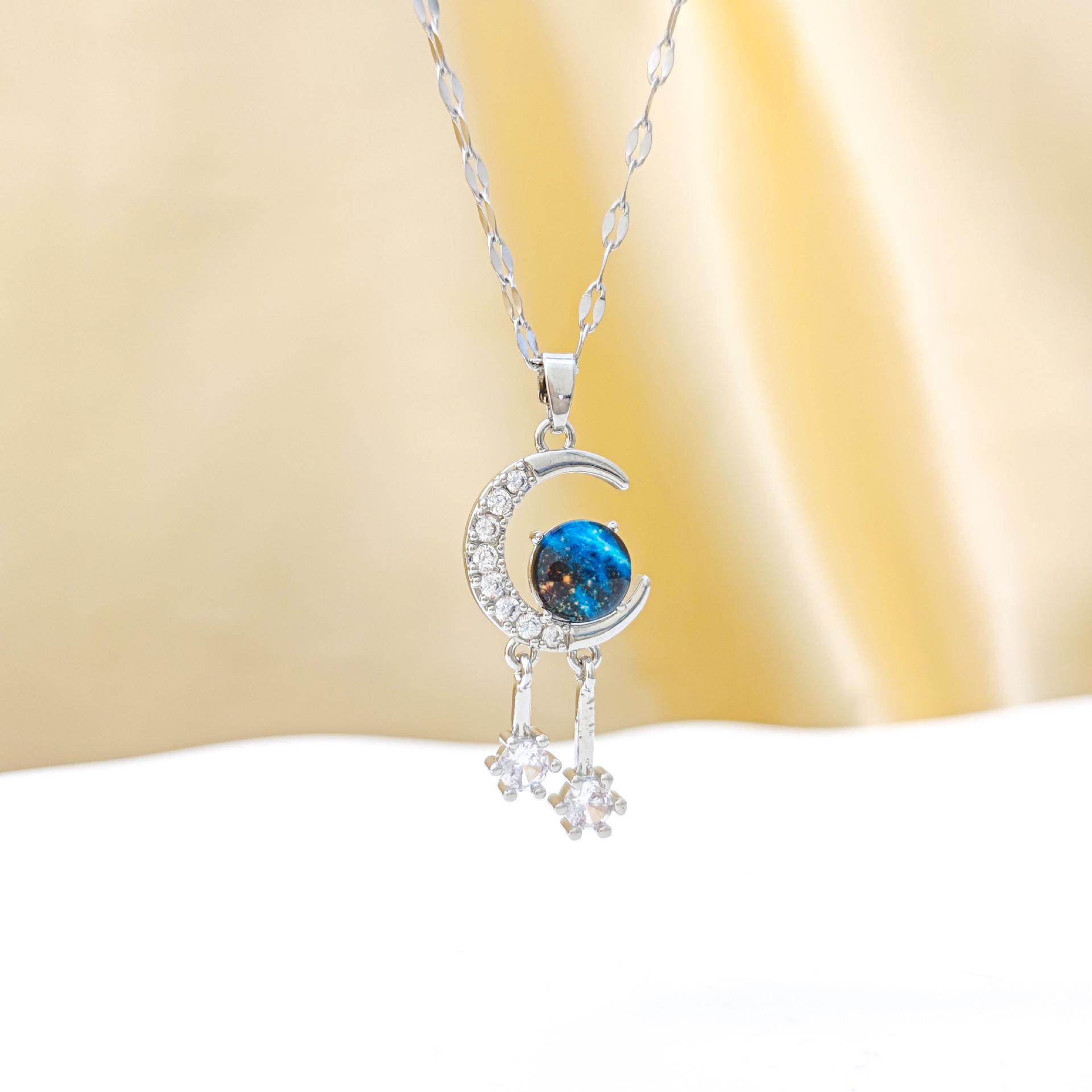 Women s Zircon Moon Planet Pendant Necklace - New Luxury Titanium Steel Design